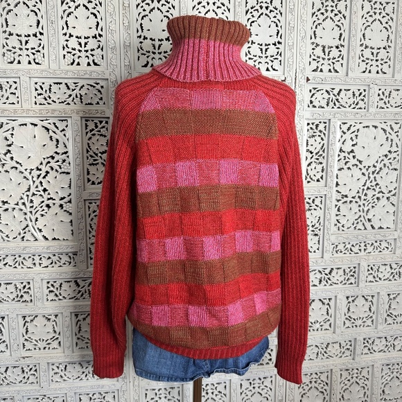 Vtg Marina Yachting Wool Blend Pink & Red Checkered Chunky Turtleneck Sweater - Picture 7 of 9